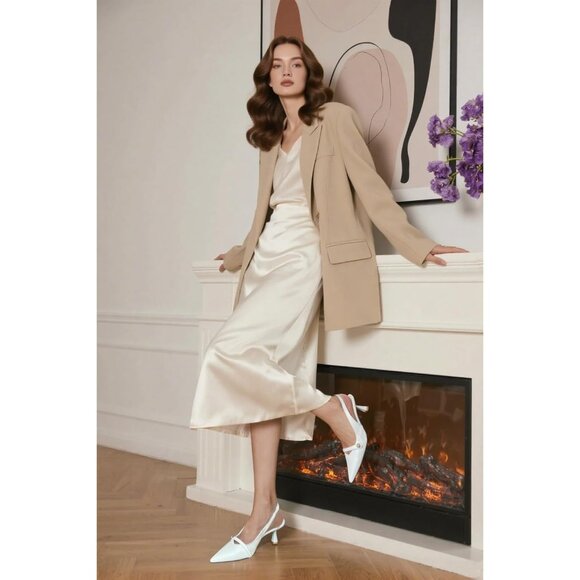 Ronilurn Women Glitter White Kitten Closed Pointed Toe Slingback Low Heel Pumps - Picture 3 of 9